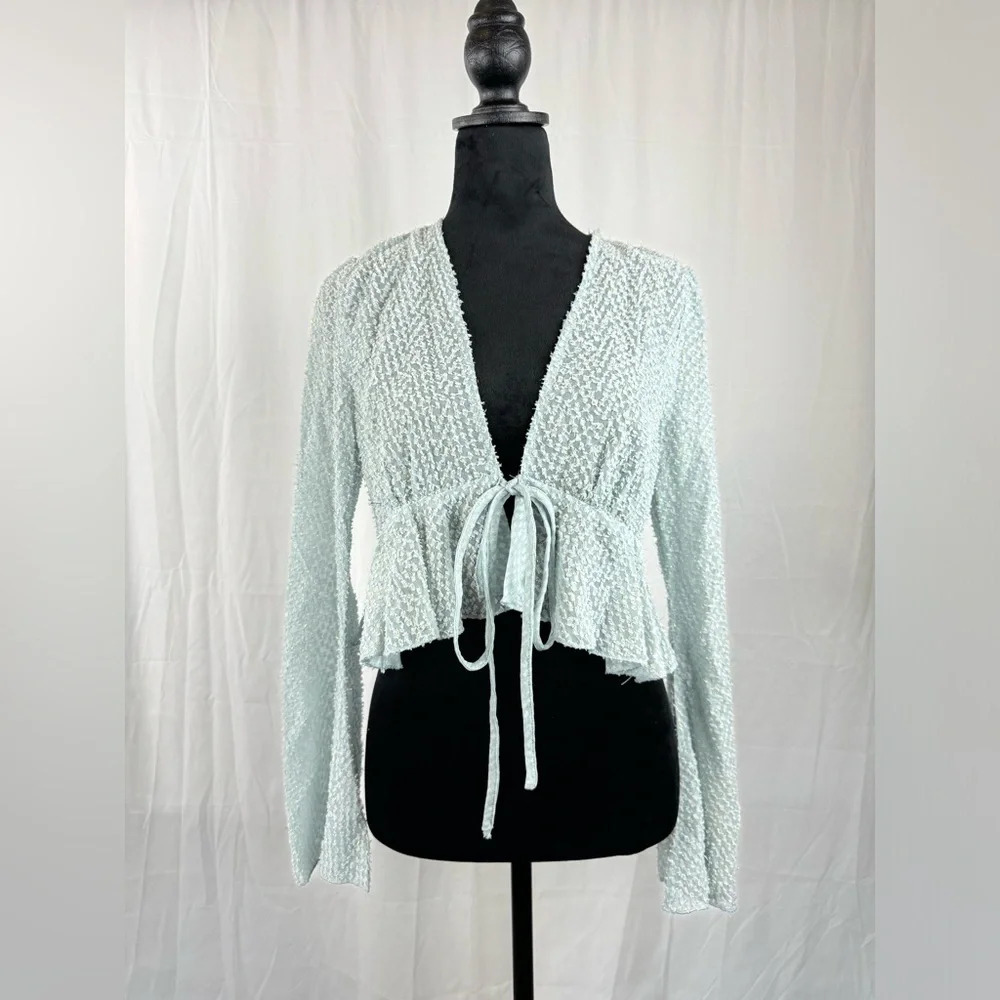 NWT Bell Sleeve Tie Front Glitter Peplum Top Size Medium